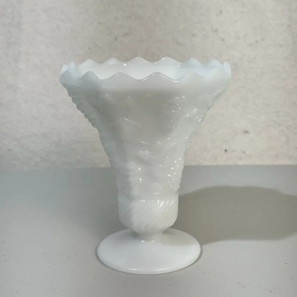 Anchor Hocking White Glass Compote 6” Vase Harvest Grapevine Punchbowl Stand VTG